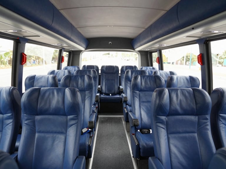 Spacious interior cabin of a luxury tour bus, featuring clean leather reclining seats, individual USB ports, and modern air conditioning vents, bright natural daylight
